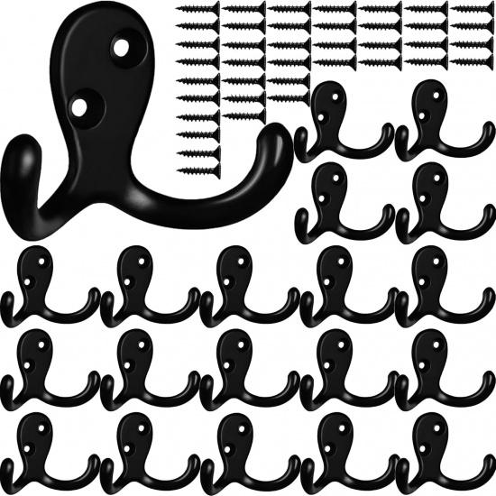 Coat Hooks Hardware, 10Pcs Wall Hooks Heavy Duty Hooks for Hanging Coats No Rust Double Robe Hook Wall Mounted for Key Towel Bags Cup Hat (Black)