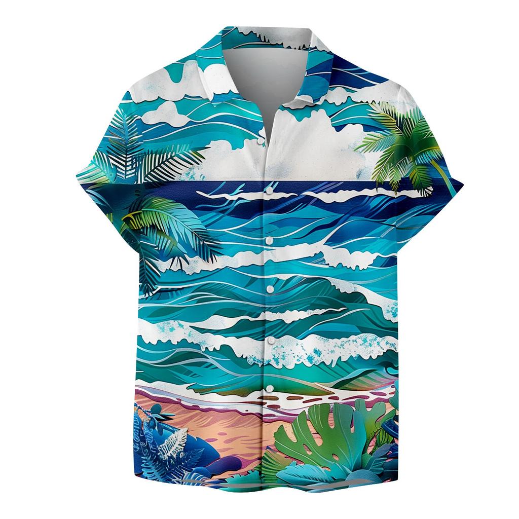 Shirt For Men Casual Fashion Summer Short Sleeve Buttons Printed T Shirt Top