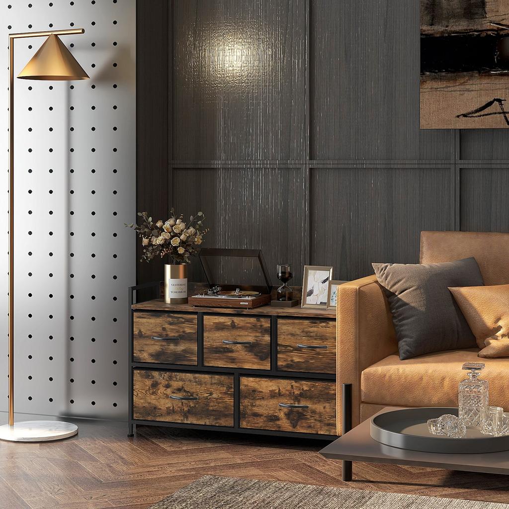 Fabric Chest of Drawers with 5 Drawers and Metal Frame, Industrial Style for Living Room or Hallway, 98x29x63 cm, Rustic Brown