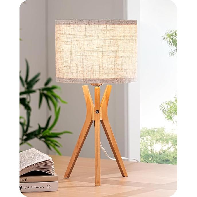 EDISHINE Mid Century Table Lamp, 17.5  Tripod Bedside Lamp with Deep Wood Color Light Base & Beige Linen Lampshade, Nightstand Lamp for Bedroom,