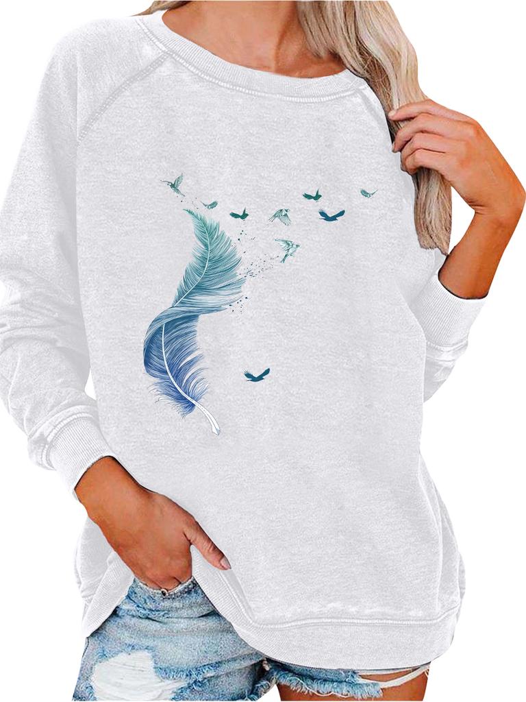 Ladies Spring/Fall Sweatshirt Women's Oversized Pullover Sweatshirt Fashion Feather Print Top