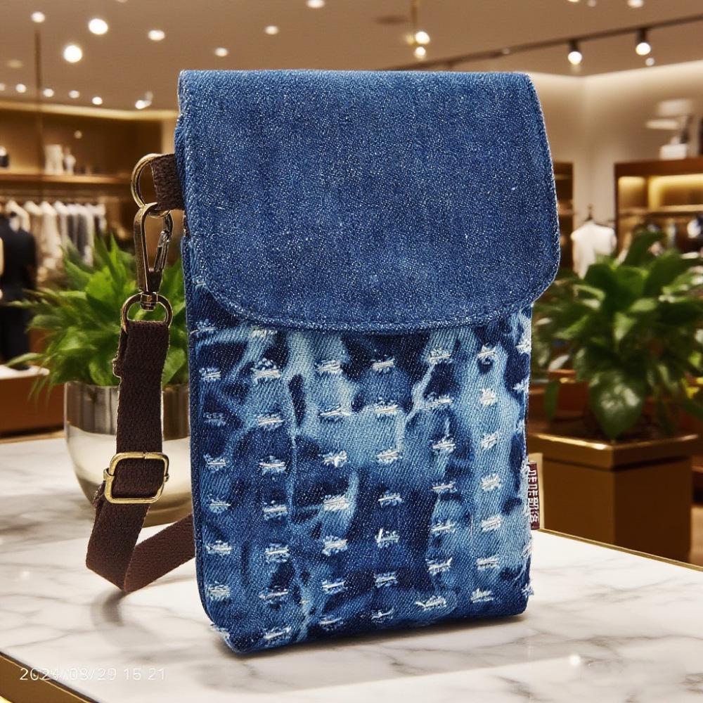 

Trendy Ripped Denim Crossbody Phone Bag, Unisex, 3-Layer Design