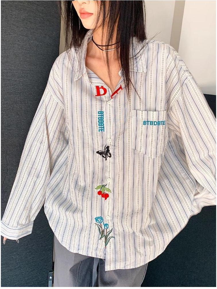 Unisex Retro Striped Long-Sleeve Embroidered Shirt: Versatile Casual Wear for Spring & Autumn
