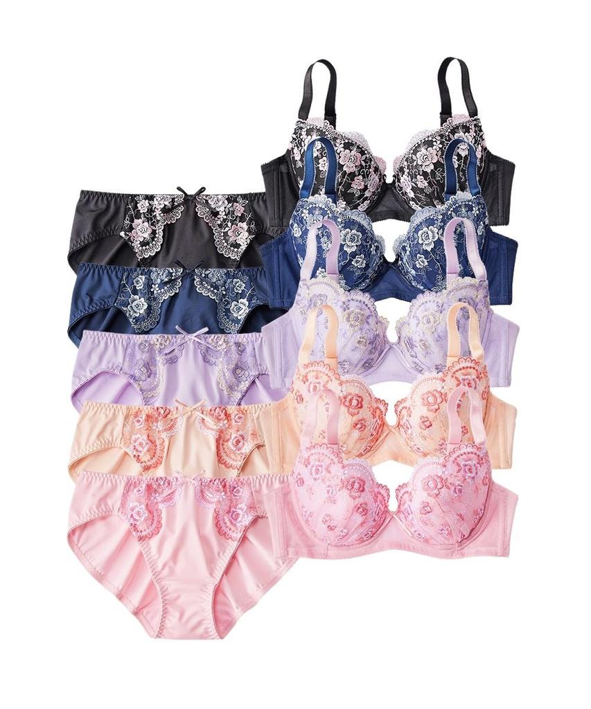 Nissen Innerwear Small Floral Embroidered Bra and Panties Set (5-Piece Set) (Feminine Colors) C75/M