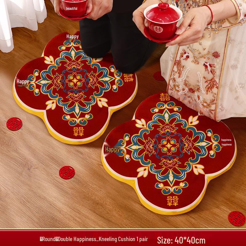 Red Double Happiness Wedding Ceremony Kneeling Cushions Set for Bride – Perfect for Tea Ceremony and Special Occasions