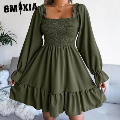 Moda femei primăvară toamnă mânecă lungă guler pătrat subțire culoare solidă rochii de cocktail și seară fustă în formă de A