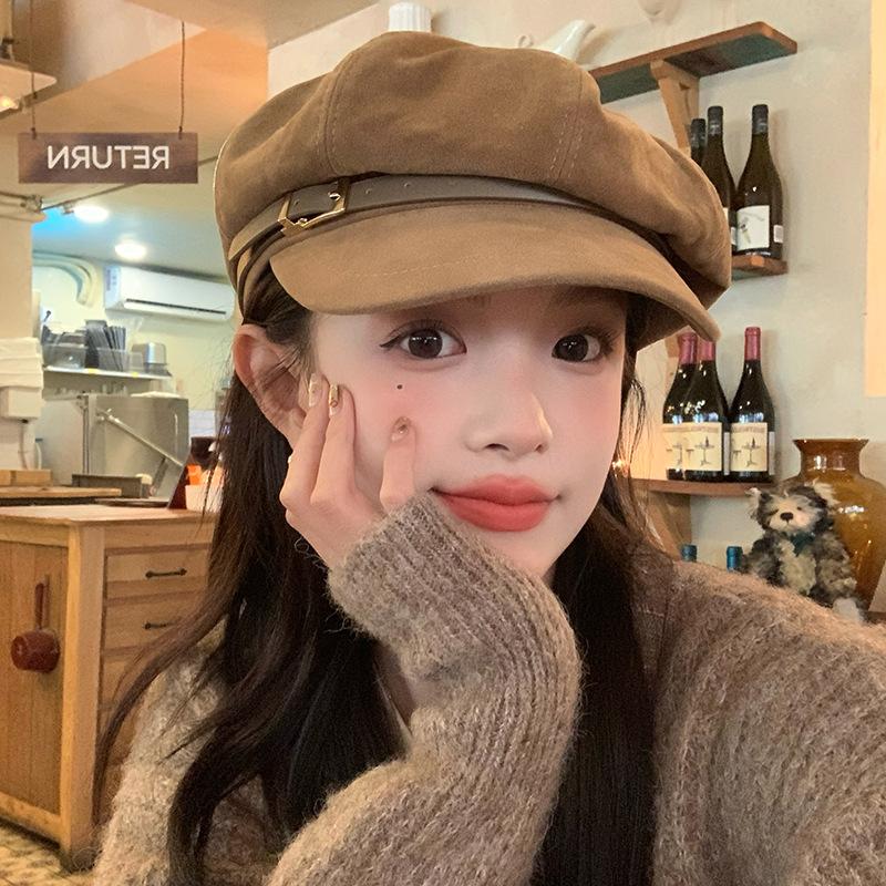 Suede Newsboy Hat Women's New Style Small Octagonal Hat with Temperament and Versatile Painter's Hat