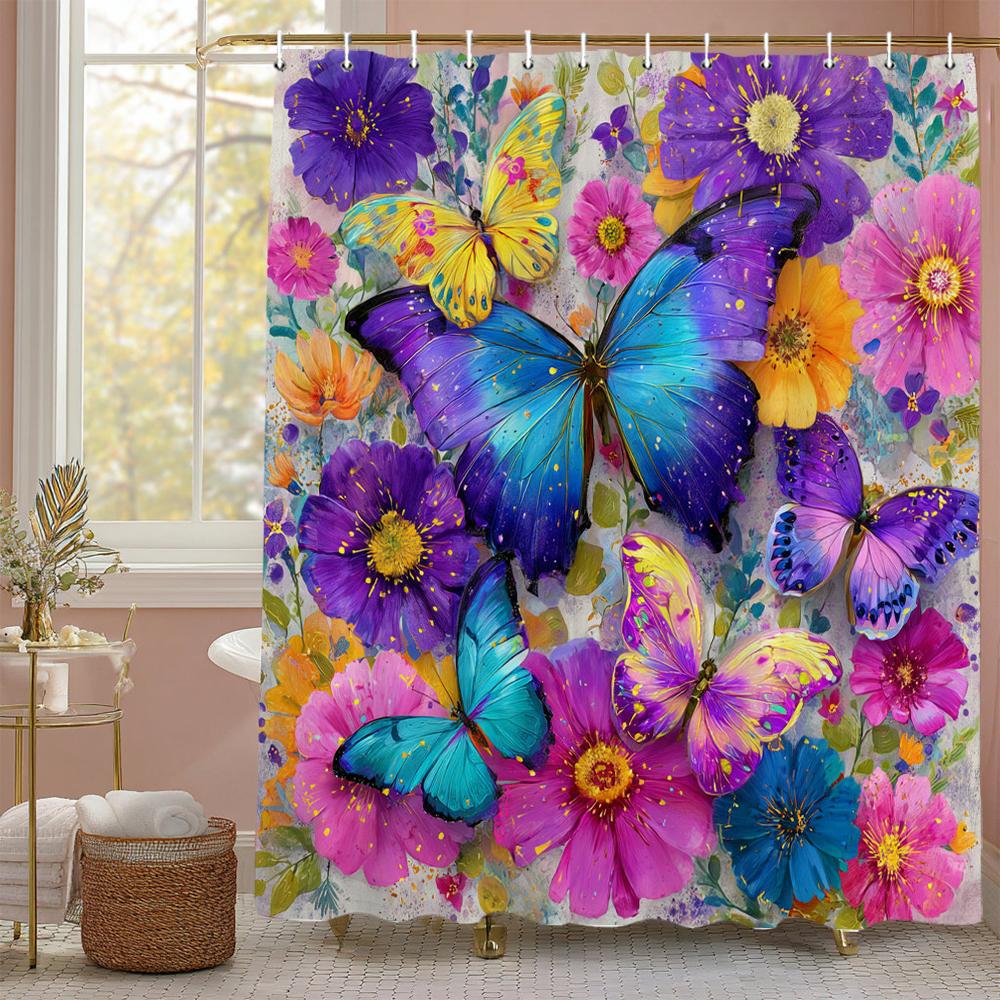 Beautiful pink butterfly pattern Shower Curtain,flowers Shower Curtain,Printed polyester fabric Bathroom Decoration Curtain