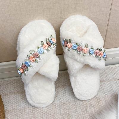 Fashion New Flower Furry Slippers Thick-soled Plush Women's Slippers for Women's Winter Home, 2025 New Flat Large-sized Cotton Slippers