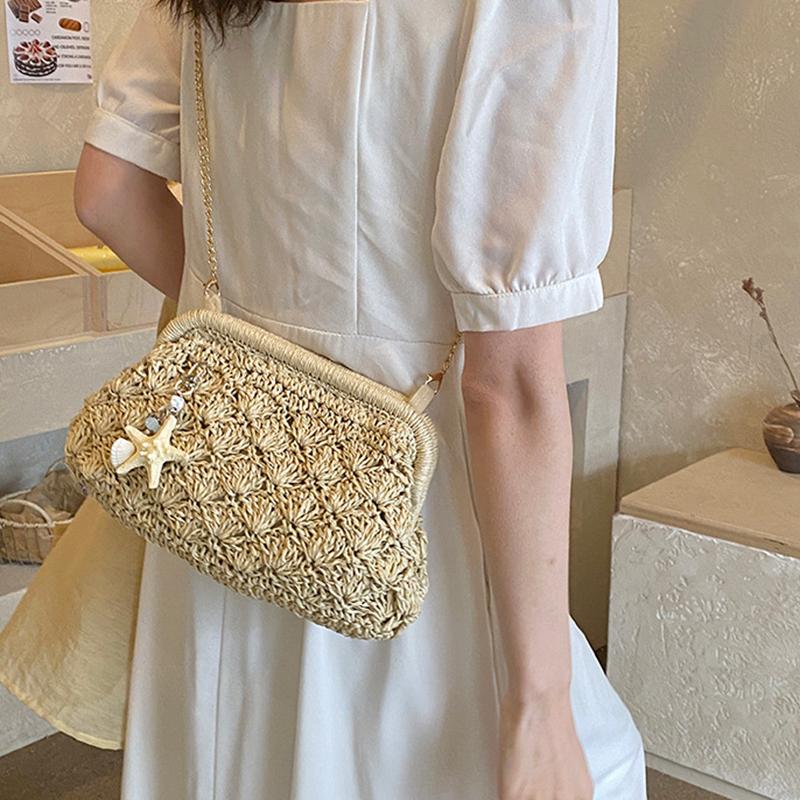 Yogodlns Women Straw Shoulder Bag Chain Strap Woven Crossbody Bags Large Capacity Cloud Clutch Purse Stylish Solid Color Beach Handbags
