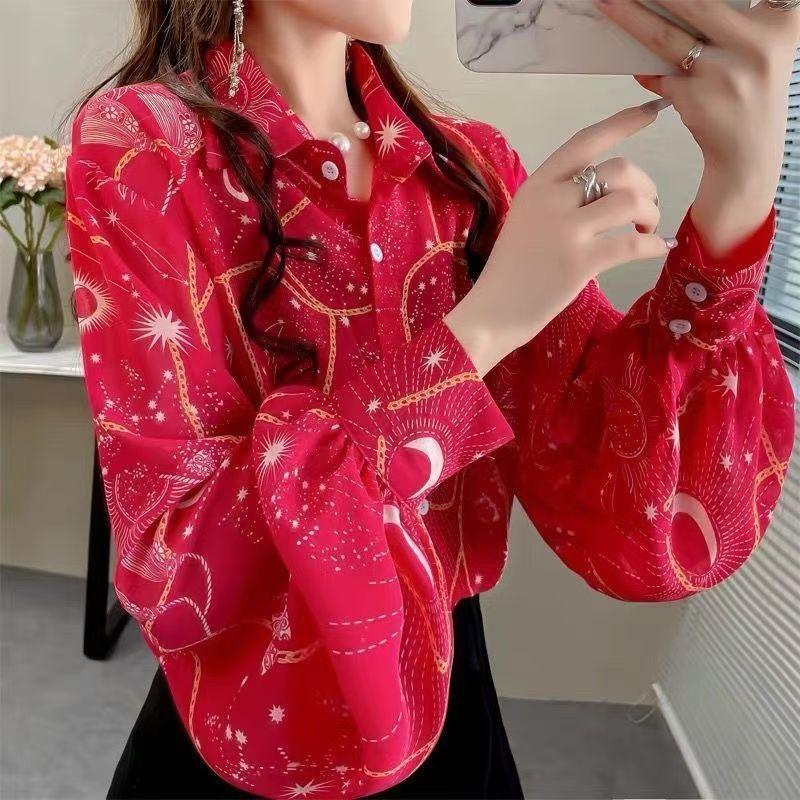 Retro Women's Printed Shirt Slim-fit Lantern Sleeve Floral Shirt Collared Chiffon Shirt Spring