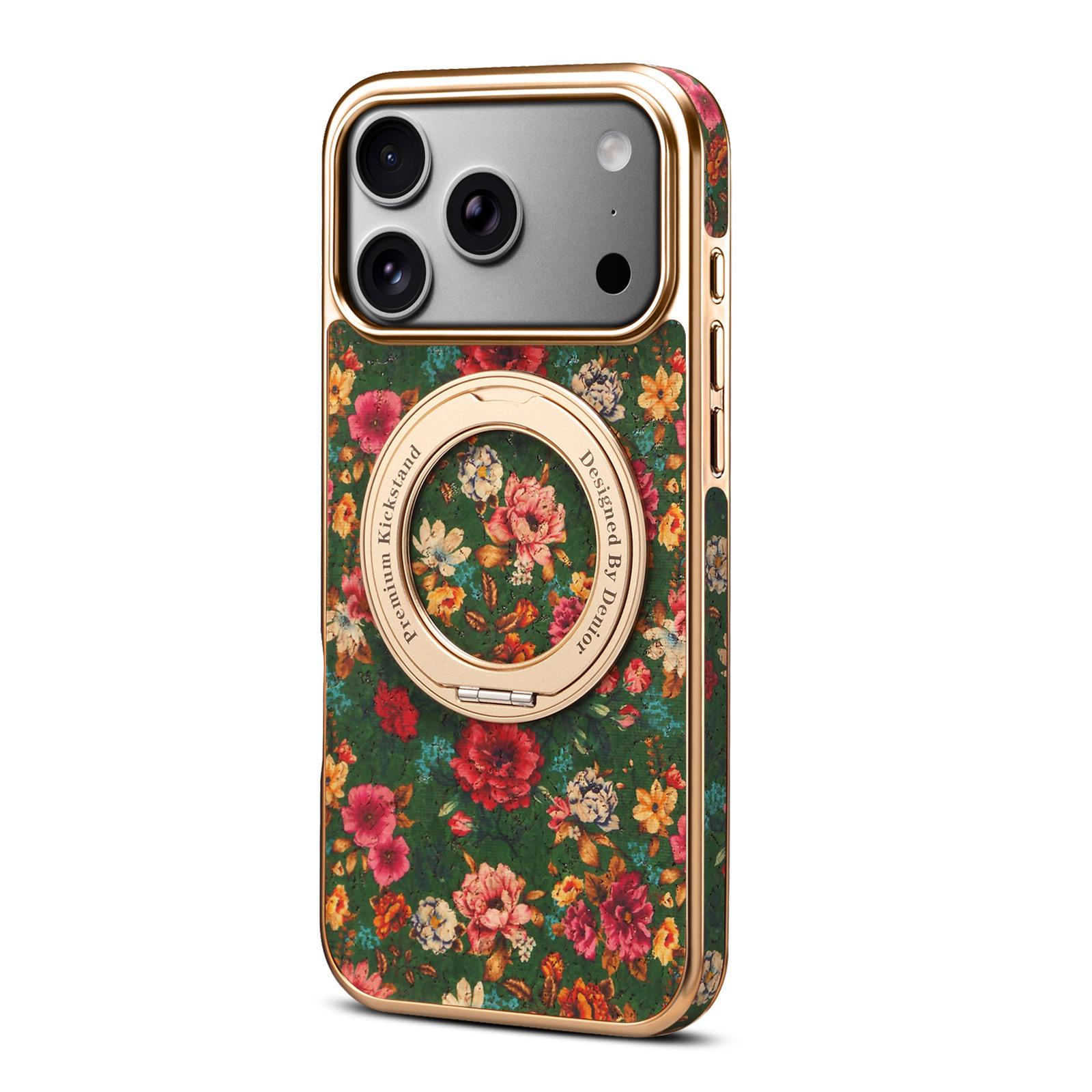 

Denior iPhone 17 Pro Max Anti-Fingerprint Flower Leather Case with Holder 15 зелёный
