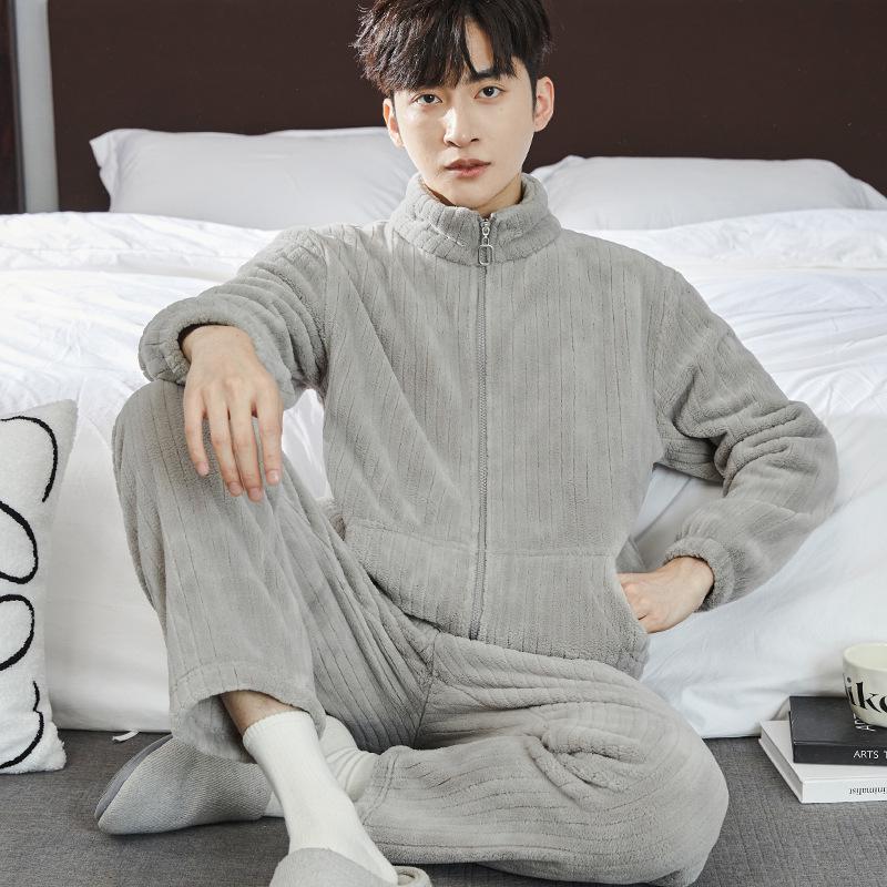 Men's Thick Coral Fleece Stand-Up Collar Zipper Pajamas - Warm Long Sleeve Homewear for Autumn & Winter