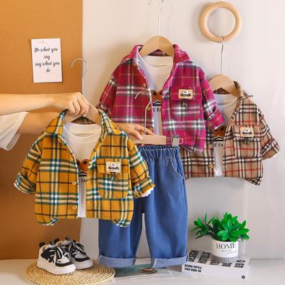 Ensemble 3 pièces à manches longues pour garçon, 0-5 ans, Veste chemise à carreaux pour enfants, T-shirt blanc, Pantalon en denim décontracté, Vêtements de haute qualité