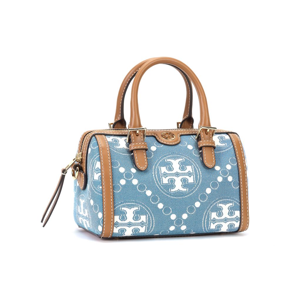 Tory Burch T Monogram Zipper Closure Fabric And Leather Barrel Bag Mini Women Handbags Denim-Blue Brown 159640-960