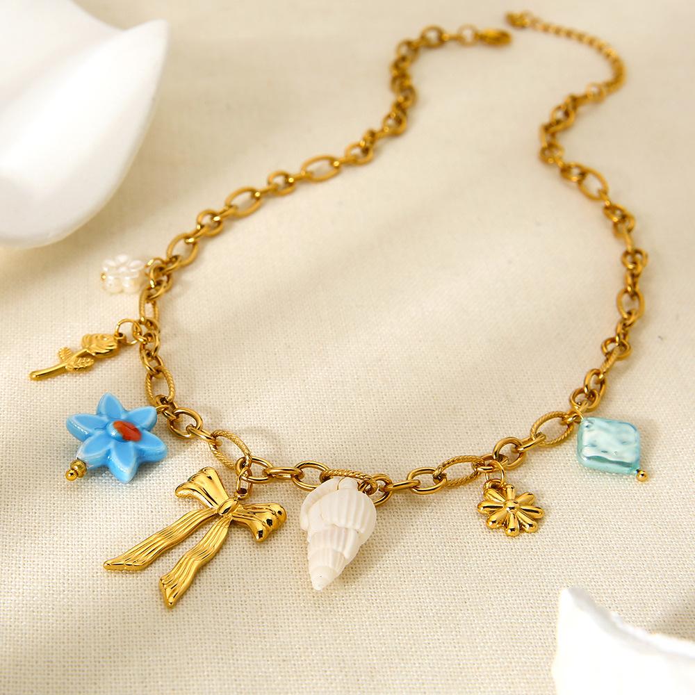 European and American Beach Vacation Wind Conch Bow Flower Fringed Pendant Necklace Stainless Steel Plated 18k Jewelry