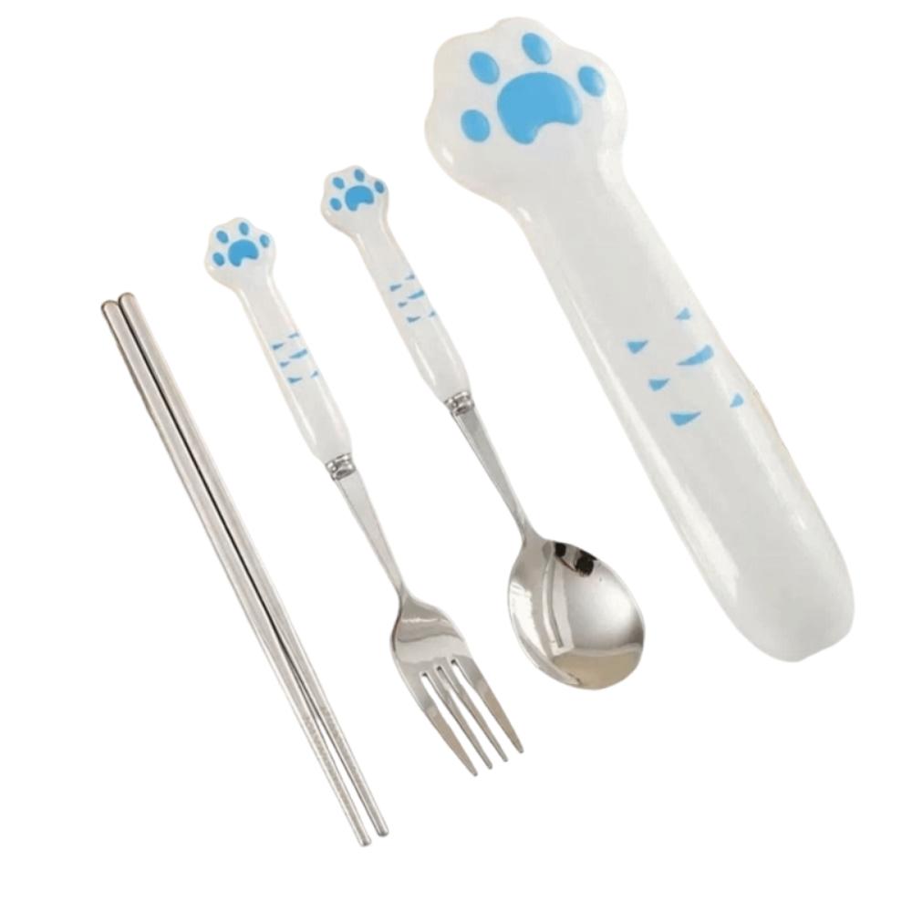 Reusable Cat Paw Cutlery Set Portable Boxed Tableware Fork Spoon Set Outdoor Picnic синий