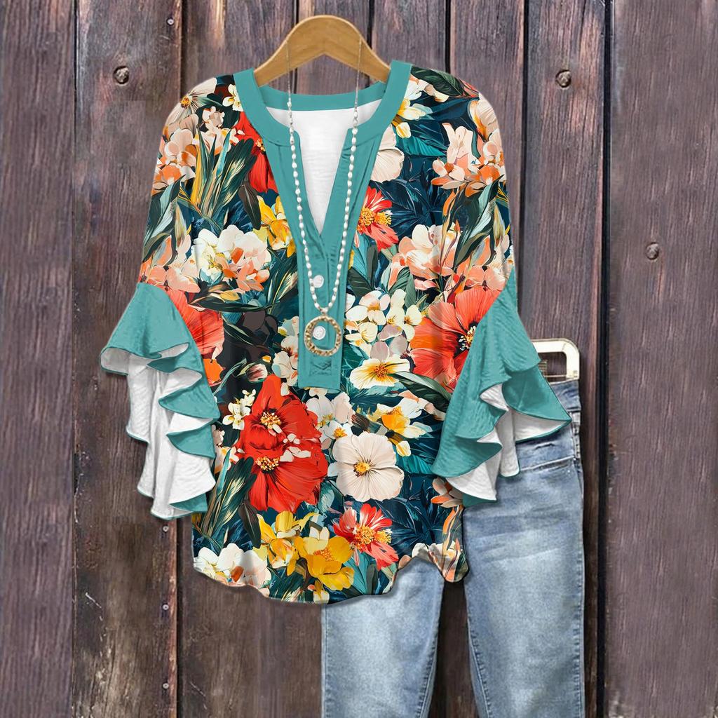 Summer Tops For Women Cute V Neck 3/4 Sleeve Blouses Floral Print Top Casual Shirts