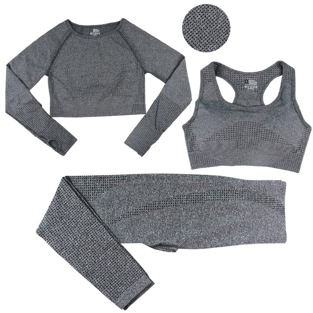 Sömlöst Jacquardprickigt Yogaset: BH, Långärmad Topp & Byxor för Kvinnor