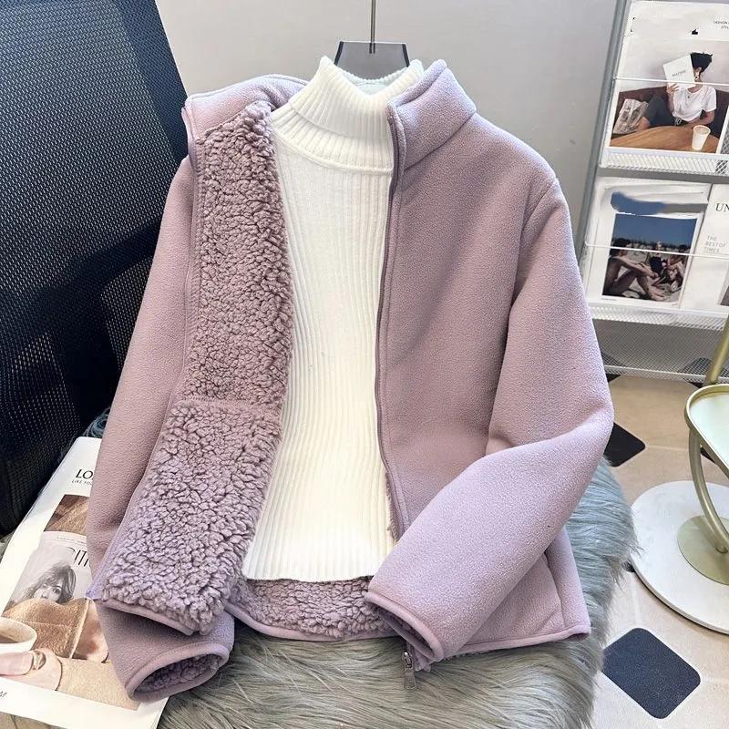

Модная толстовка из полар-флиса, женское короткое пальто со стойкой, осень-зима, на молнии, утолщенная куртка, женские теплые топы XS фиолетовый