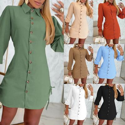 Fashion Shirt Dress Waist Slim Long-Sleeved Shirt Drawstring Shirt Dress