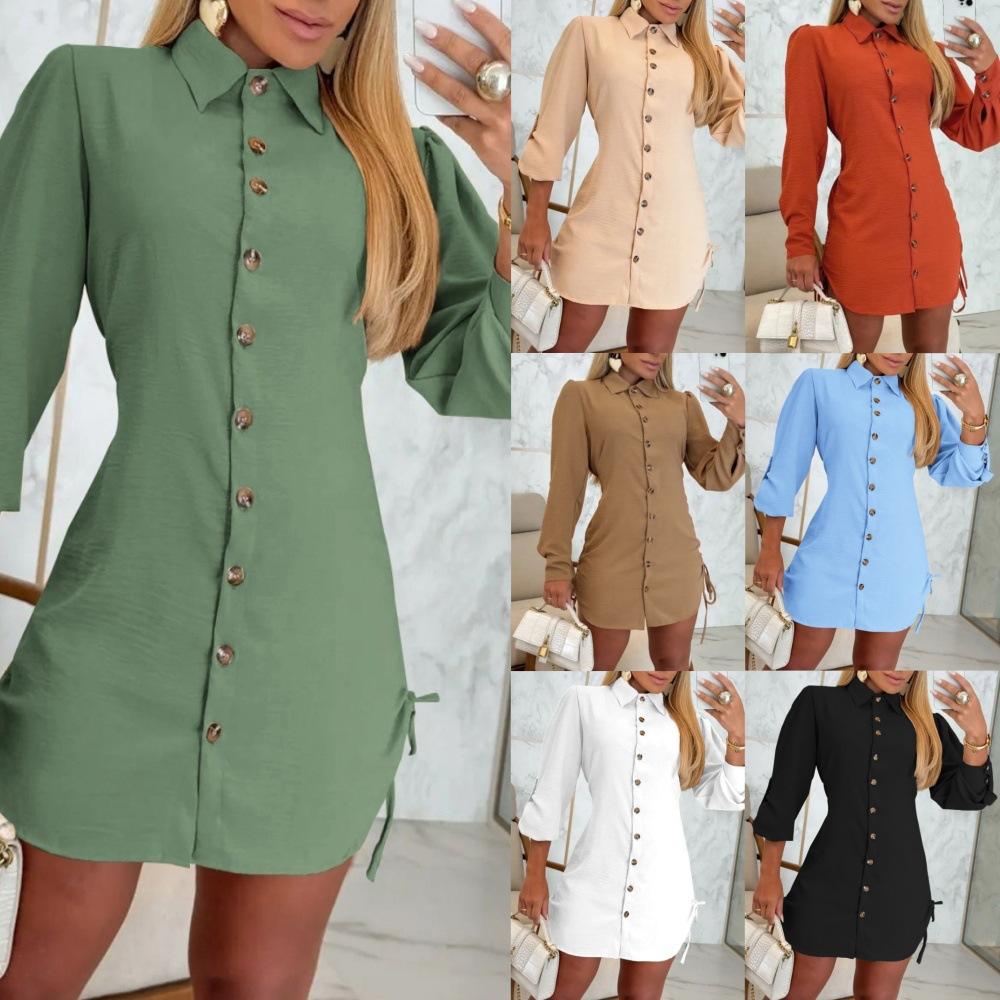 

Women s Button-Down Shirt Dress with Belt, Long Sleeve Casual Office Dress, Elegant A-Line Midi Dress S белый