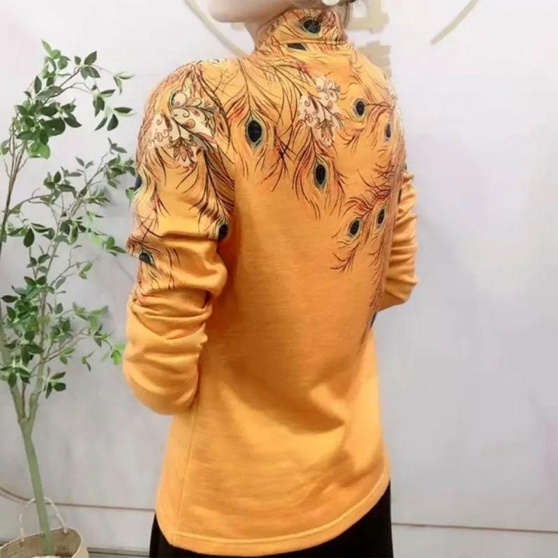 Feather Printed Casual Pullovers Autumn Winter Fleece Thick All-match Warm Chic Diamonds V-Neck Long Sleeve Tops