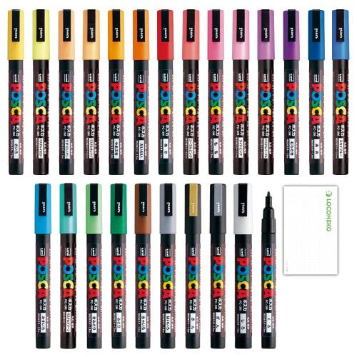 Marqueur à eau Mitsubishi Pencil uni Posca, mine fine ronde PC-3M, 24 couleurs, set + carte d'écriture d'essai Roconeco
