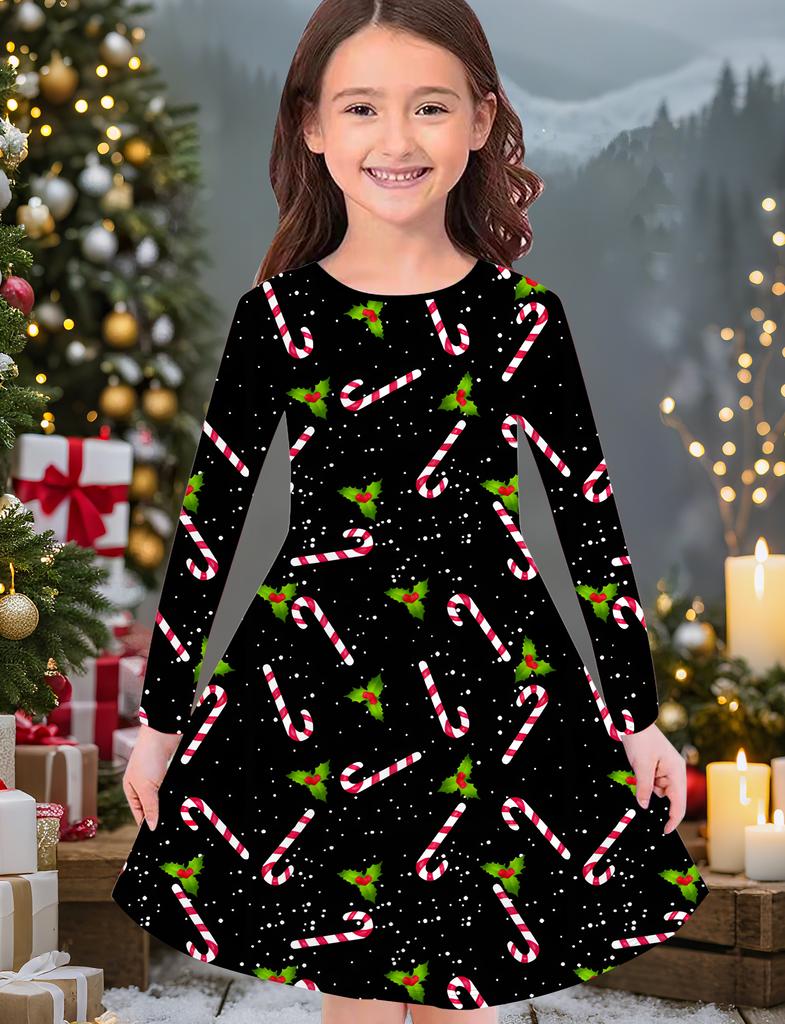 Vestido de Moda Outono e Inverno para Meninas, Estampa de Natal 3D Vestido Infantil Longo de Gola Redonda, Casual Versátil, Roupa de Natal