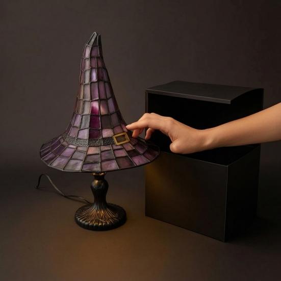 Yousheng Buntglas Hexenhut Lampe, USB-betriebenes Nachtlicht, Handgefertigte Harz-Buntglas Schreibtischlampe, Halloween Gothic Dekor für Schlafzimmer