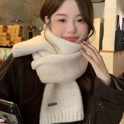 Korean Version Containing Wool Knitted Wool Solid Color Scarf for Women In Winter Thickened and Warm Versatile High End Cold Proof Scarf Trendy