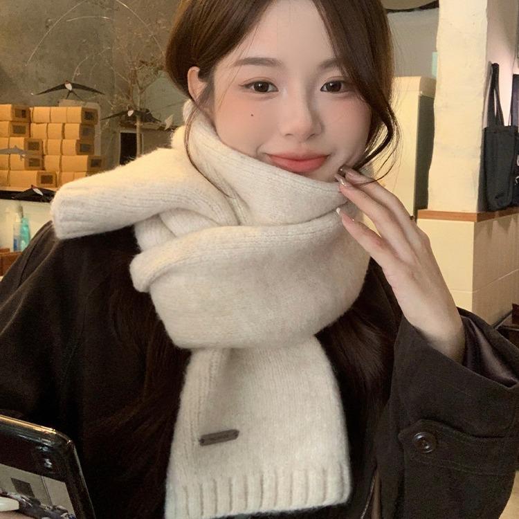 Korean Version Containing Wool Knitted Wool Solid Color Scarf for Women in Winter Thickened and Warm Versatile High End Cold Proof Scarf Trendy