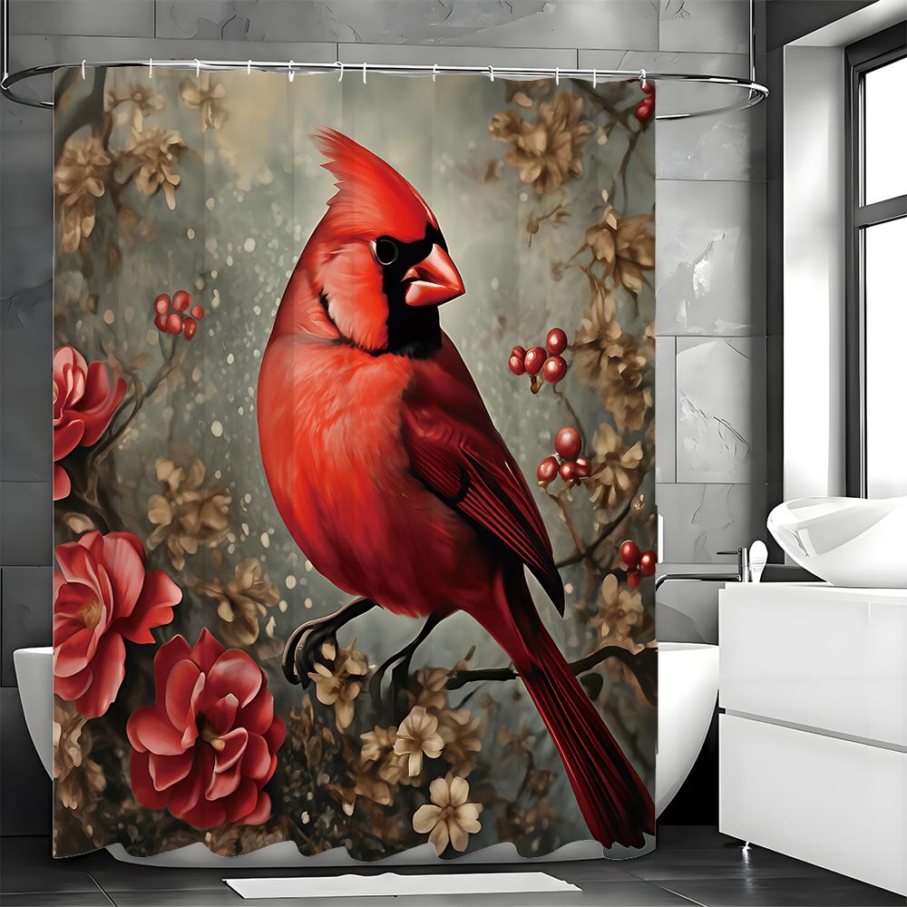 New Chinese Style Floral Red Bird and Fruit Shower Curtain, Bathroom Decorative Shower Curtain, Waterproof Shower Curtain with H