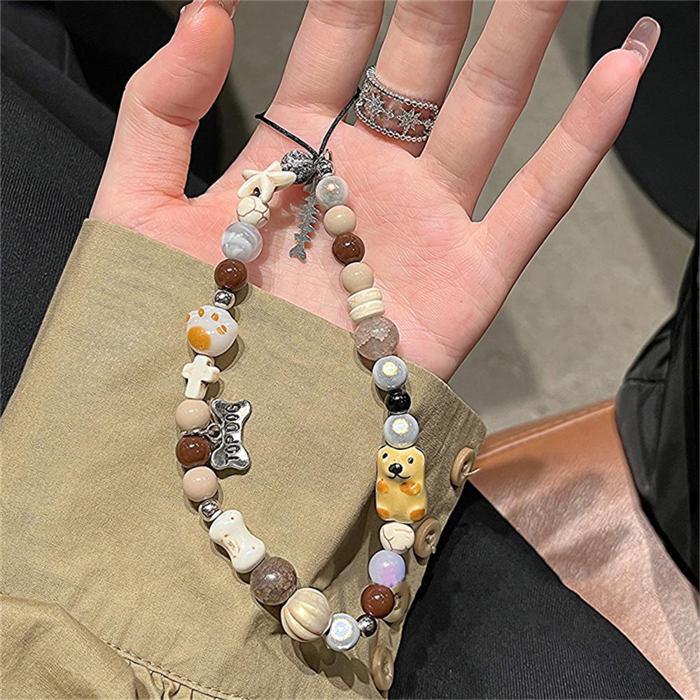 Korean Cute Bear Stone Beaded Phone Chain For iPhone Bracelet Strap Lanyard Pendant Jewelry Women Girls Charm Hanging Rope Cord