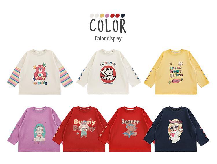 Wulibu Girls' Cartoon Print Faux Two-Piece Ribbed T-Shirt - Cute, Casual Spring 2025 Trend.