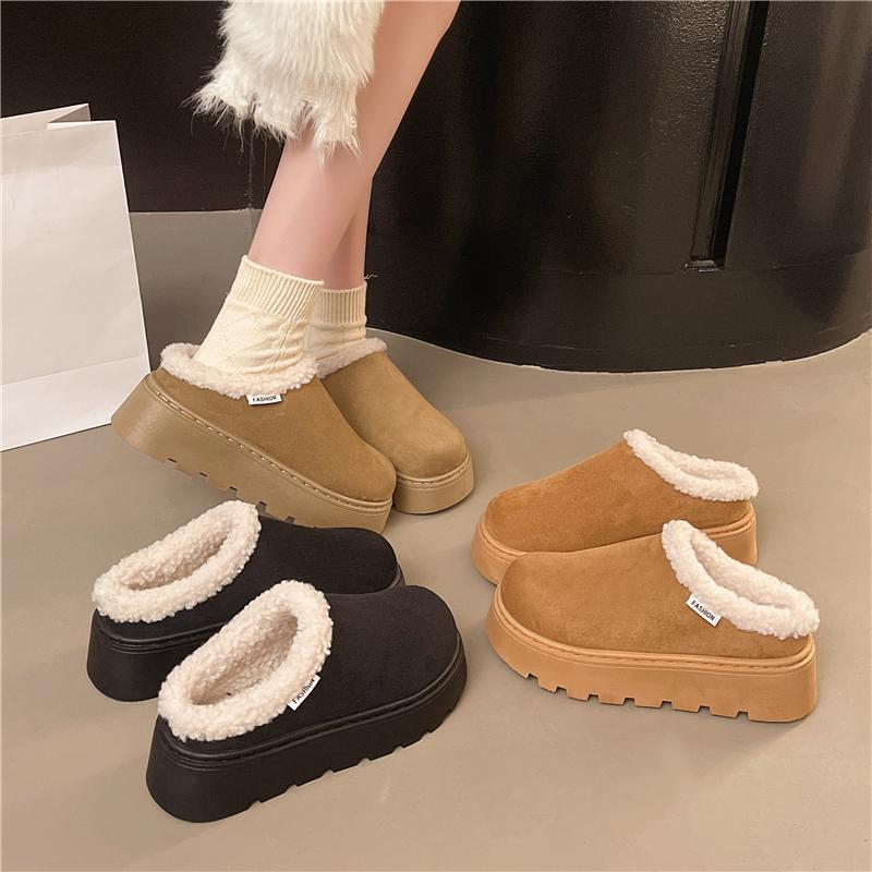 2025 Snow Boots for Women Cashmere Warm Platform Without Heel-covered Hair Half Slipper Cotton Shoes for Women