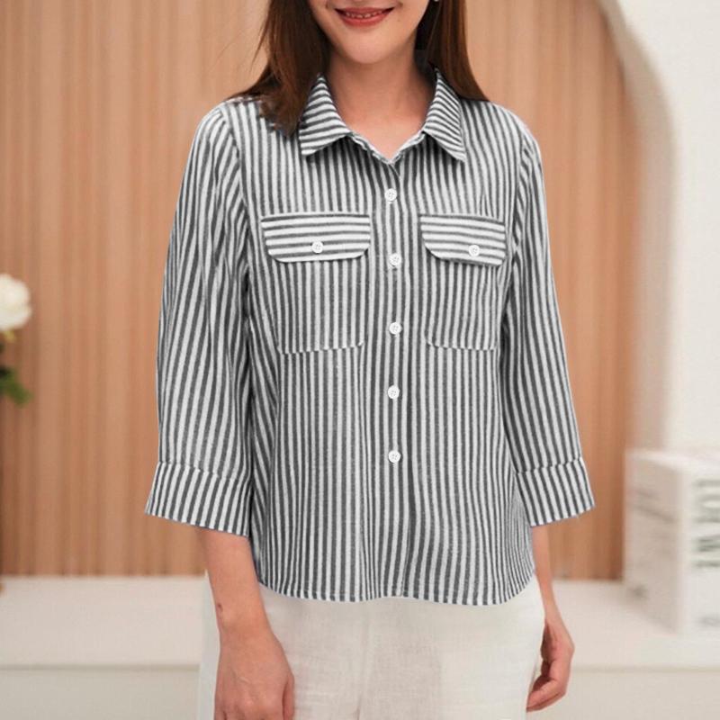 ZANZEA Women Turn Down Collar Loose Casual 3/4 Sleeve Stripe Blouse
