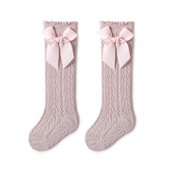 Cute Girls Knee High Socks Bows Cotton Breathable Soft Children Socks Hollow Out Non-slip Newborn Infant Long Mesh Socks 0-3Yrs