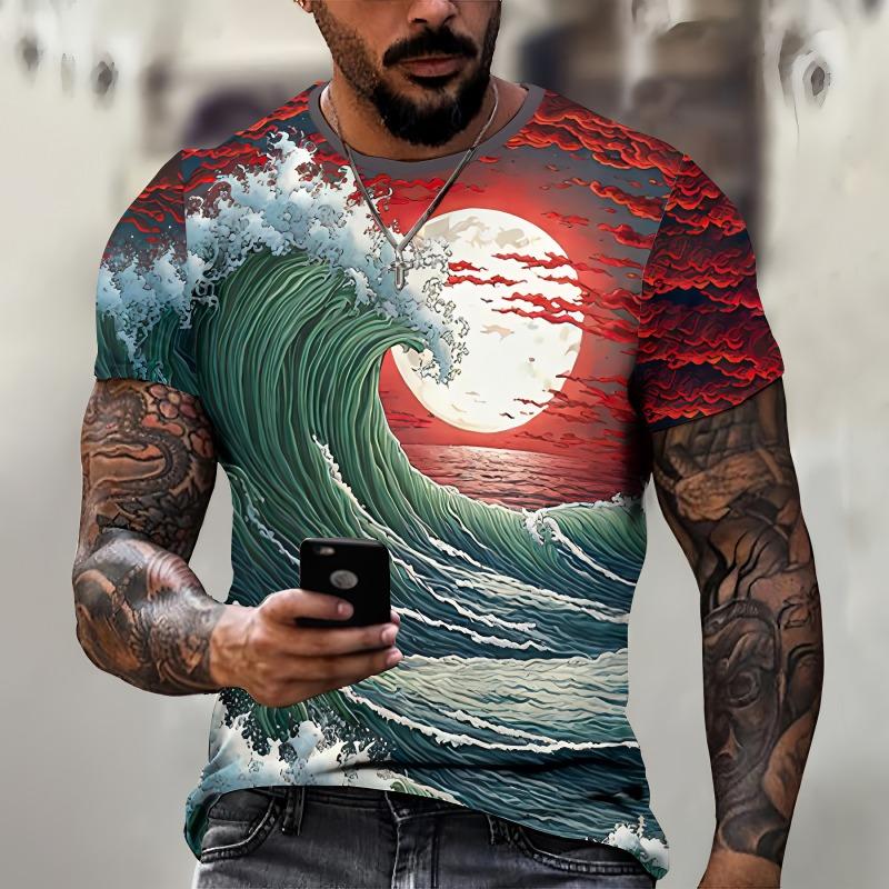 New Mens Clothing Top 3D Printed Sunset Sea View Graphic T Shirts Loose Round Neck Short Sleeved Tees Streetwear T Shirt for Men