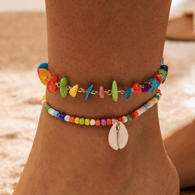 2 Stück Boho Mode Muschelfarbe Perlen Fußkettchen Set Schmuck für Damen Strandurlaub Dopamin Knöchelkette Handgemachter Schmuck