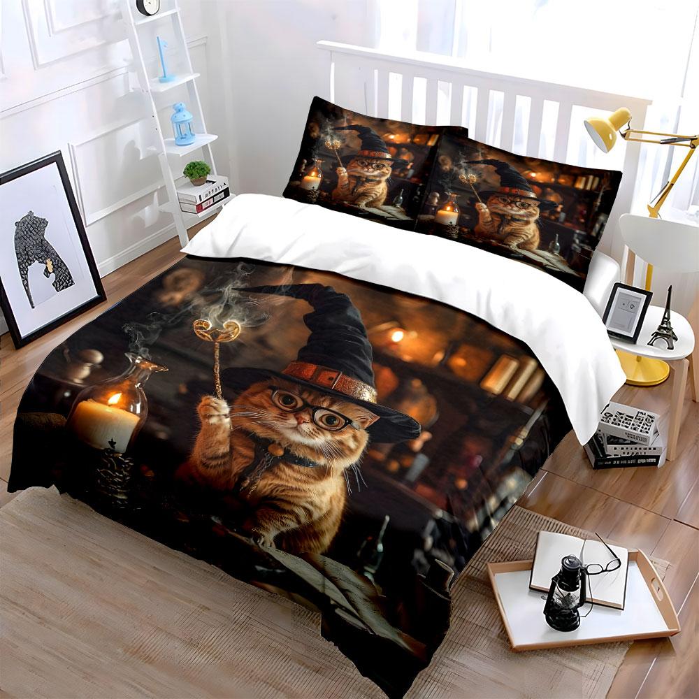 Wizard Cat Decorative Set Soft Skin-Friendly Bedding Set Includes 1 Duvet Cover And 2 Pillowcase Gift