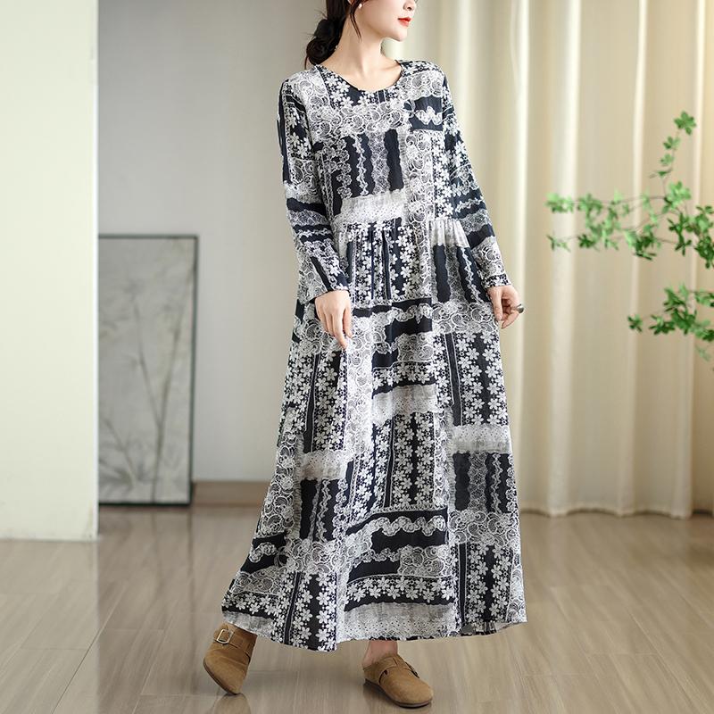 DIMANAF New 2025 Women Plus Size Spring Long Dress Loose Basic Vintage Oversize Long Sleeve Maxi Floral