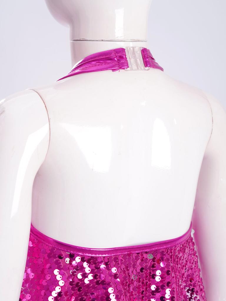 Lányok Jazz Tánc Jelmez Pántos Hátnélküli Kezeslábas Fényes Flitterek Volános Kialakítás Magas Derék Harangszárú Nadrág