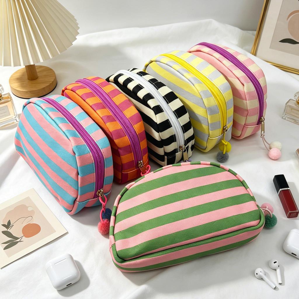 Canvas Striped Half Moon Makeup Bag With Zipper For Travel And Home Storage