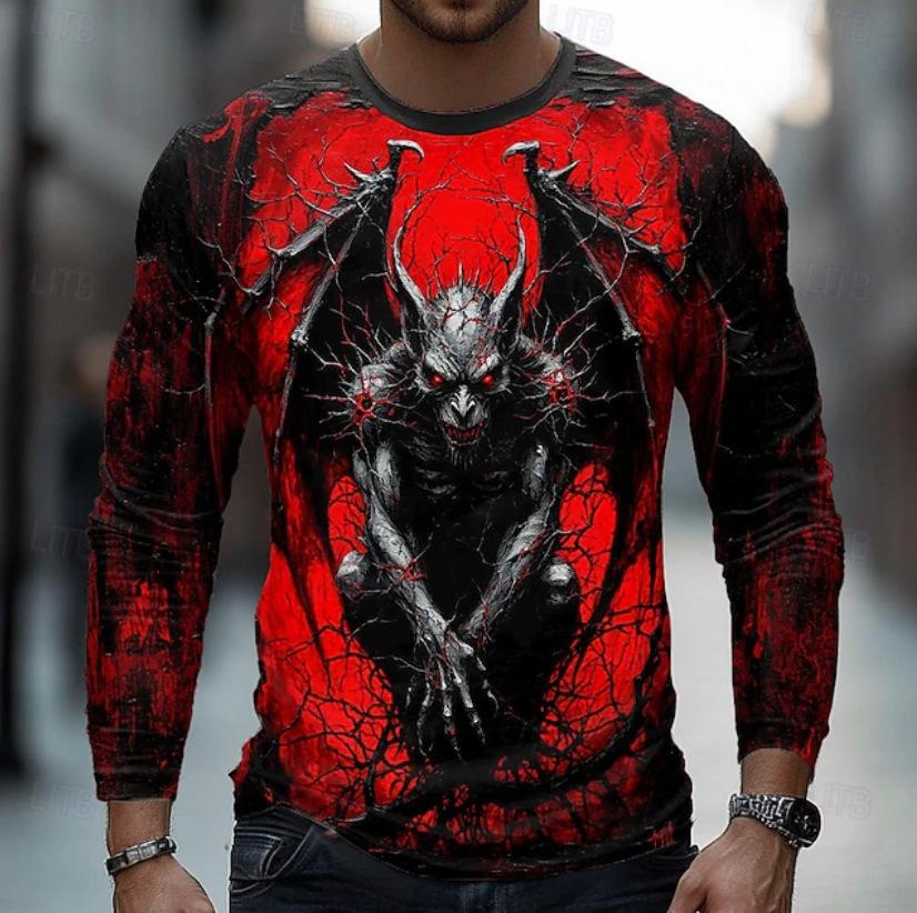 Herren Langarm-T-Shirt Horror-Kreatur 3D-Druck Gothic-Stil Halloween-Party Tägliches Streetwear Lässiges Oberteil