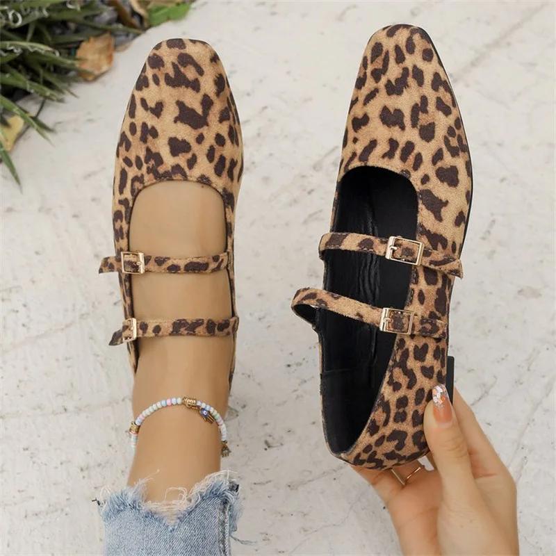Women's Shoes 2025 Brand Buckle Strap Women's Flats Fashion Leopard Print Daily Flats Women Hot Sale Square Toe Flat Low Heels