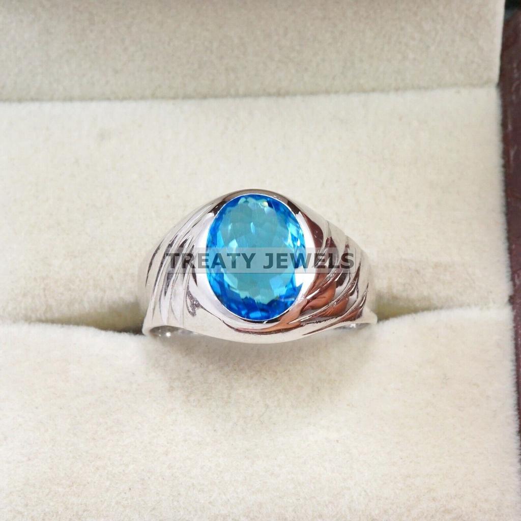 Blue Topaz Oval Cut Gemstone With 925 Sterling Silver Ring For Men's #A896 JL375669058336