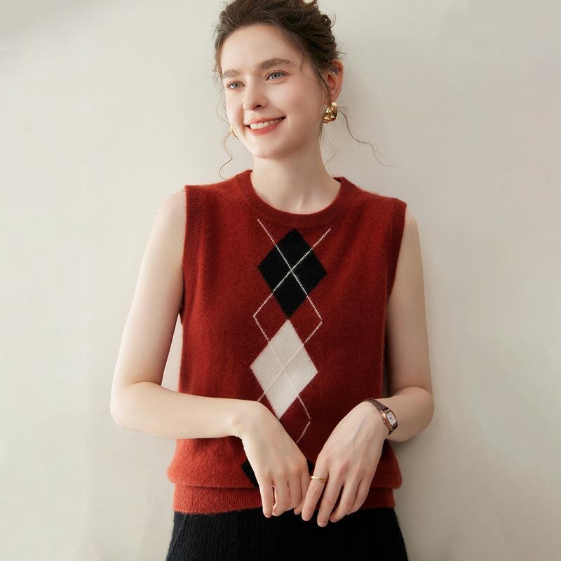 2025 A/W Women's Cashmere Diamond Pattern Sleeveless Knit Sweater Vest