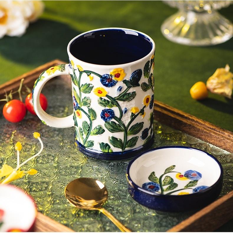 Bohemian Style Raised Floral Mug, Large Capacity Colorful Flower Tea Cup with Handle,3D Embossed Floral Ceramic Mug