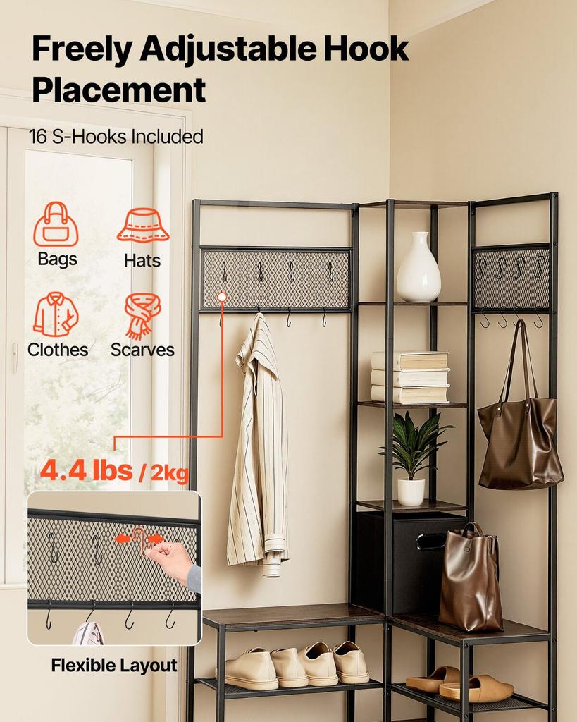 Corner Hall Tree with Shoe Bench, 1800 mm Coat Rack with Hooks and Steel Frame, Freestanding Clothes Shoes Rack Storage Organizer with Anti-Tip Set,